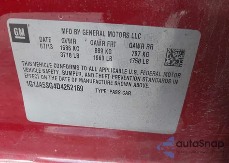 2013 Chevrolet Sonic Ls Auto из США, поврежденный, VIN 1G1JA5SG4D4252169